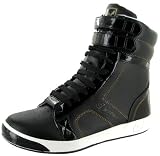 DEREON Royale Womens Fashion Patent Leather High Top Lace Up Strap Boot Sneaker Shoe Black