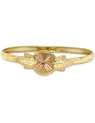 Children / Teen 14K Yellow Gold Flexible Bangle with a Rose Gold Flower Design 12.8mm Wide