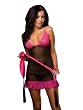 Sexy Black Mesh Babydoll Pink Lace Trim Black Thong and Satin Sash Restraint Included 3 Piece Set Valentine's Day Lingerie