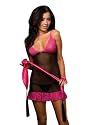 Sexy Black Mesh Babydoll Pink Lace Trim Black Thong and Satin Sash Restraint Included 3 Piece Set Valentine's Day Lingerie