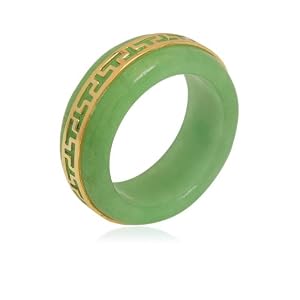 Gold Plated Sterling Silver Green Jade Greek Key Band Ring, Size 5 by