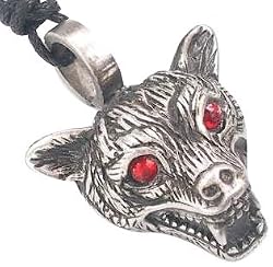 Red Stone Eyes Werewolf Pewter Pendant Necklace
