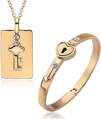 Love Couples Matching Heart Lock Bracelet Key Pendant Necklace Jewelry Set