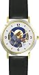 Mommy & Baby Bunny Rabbit Watching Moon from Bedroom Window - from Hush Little Baby by Artist: Sylvia Long - WATCHBUDDY&reg; DELUXE TWO-TONE THEME WATCH - Arabic Numbers - Black Leather Strap-Size-Large ( Men's Size or Jumbo Women's Size )