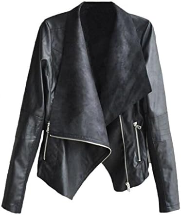 EKIMI Women's Vintage Biker Motorcycle Leather Zipper Jacket Coat Outwear (L, Black)