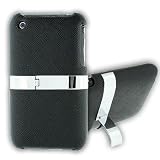 Black Leather with Stanless Steal Kickstand Snap on Hard Skin Cover Case for Apple Iphone 3g 3gs