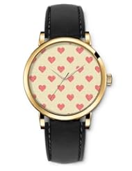 SPRAWL Aanalog Fashion Series Gold Ladies Watches of Genuine Black Leather Strap,Unique Wrist Watch for Women Girls Designed with red hearts