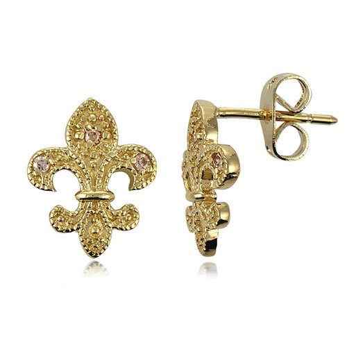 18K Gold Vermeil Cubic Zirconia CZ Accent Small Fleur De Lis Stud Earrings – Ideal Gift For Mother Day, Anniversary, Engagement, Wedding, Birthday, For Her