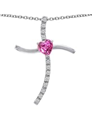 CandyGem 925 Sterling Silver Created Heart Shape Pink Sapphire Cross Pendant