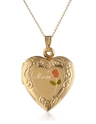 14k Yellow Gold Filled "Mom" Heart Locket with Pink Rose Pendant Necklace, 18"