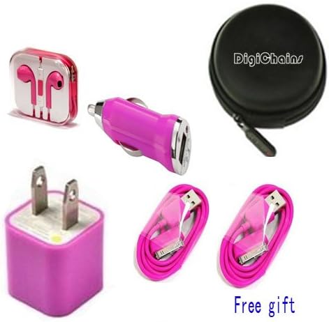 DigiChains 5-in-1 Unique Mini Flat Design 30 Pin to Earphone/cable Hard Case/Bag + earphone + Wall Charger + Car Charger + Micro USB Data Charging Cable for Iphone 4 and 4s, Iphone 3g and 3gs, Ipod