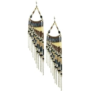 Second Glance Designs Silvertone Southwest-Inspired Asymmetrical Chandelier Earrings with Dangling Beaded Chains of Black Brown and Bronze Beads