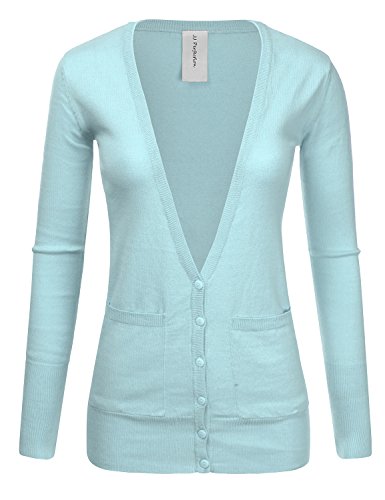 JJ Perfection Women's Ribbed Knit Deep V Long Sleeve Cardigan w/ Dual Pockets