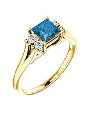 18K Yellow Gold 5.00x5.00mm Princess Cut Swiss Blue Topaz and Diamond Ring -- LIFETIME WARRANTY