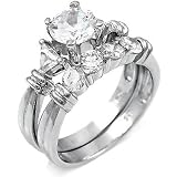 Sterling Silver Cubic Zirconia CZ Wedding Engagement Ring Set