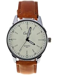 CaiQi Unisex Watch Strips Hour Marks Leather Band Wrist Watch 581 (Light Brown)