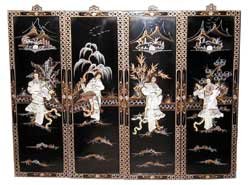 Oriental Black Lacquer Wood Wall Panels, Four Chinese Ladies - Hand Painted, Mother of Pearl Shell