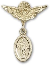 14K Gold Baby Badge with Scapular Charm and Angel with Wings Badge Pin