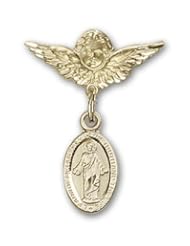 14kt Gold Baby Badge with Scapular Charm and Angel w/Wings Badge Pin