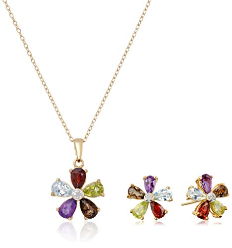 Yellow Gold Plated Sterling Silver Multi-Gemstone Flower Earrings and Pendant Necklace Set, 18"