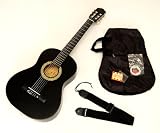 Produkt-Bild: Akustik Konzertgitarre in schwarz mit Gitarren-Tasche, -Gurt, Stimmpfeife, Ersatzsaiten und Plektron