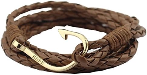 UNIONTOP Mens Womens PU Leather Bracelet Fishing Hook Hope Bracelet Personality Brown