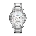 Fossil Ladies Boyfriend Watch Es2967 With White Mother Of Pearl Dial, Stone Encrusted Topring , Stainless Steel Case And Bracelet