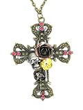 Crystal Skull Cross Necklace Gothic Floral Punk Rocker Skeleton Statement Pendant Fashion Jewelry