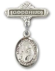Sterling Silver Baby Badge with St. John of the Cross Charm and Godchild Badge Pin