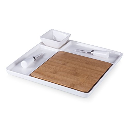 TOSCANA - a Picnic Time brand Peninsula Cutting Board & Serving Tray, Cheese Board, Charcuterie Board, Appetizer Plate, (Bamboo & White Porcelain)