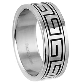 316L Stainless Steel Ring - Greek Key - Finish: Shiny Polish -Band and Face Width: 8mm - Size: 9