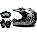 TMS Youth Kids Black Silver Skull Flame Motocross Helmet with Goggles and Gloves (Large)