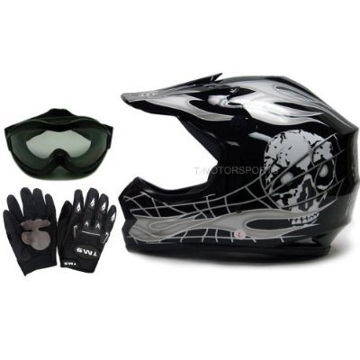 TMS Youth Kids Black Silver Skull Flame Motocross Helmet with Goggles and Gloves (Large)