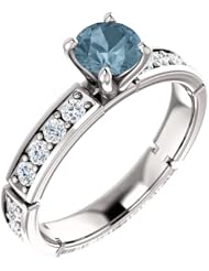 18K White Gold Round Cut Blue and White Diamond Ring -- LIFETIME WARRANTY