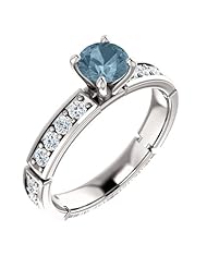 14K White Gold Round Cut Blue and White Diamond Ring -- LIFETIME WARRANTY