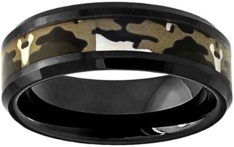 8mm High Polished Olive Drab Camo Inlay with Beveled Edge Black Ceramic Wedding Band - Size 9.5