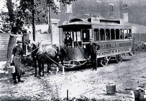 Paper poster printed on 20 x 30 stock. Three Men and Trolley, Philadelphia, PA