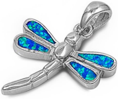Blue Australian Opal Dragonfly .925 Sterling Silver Pendant Necklace