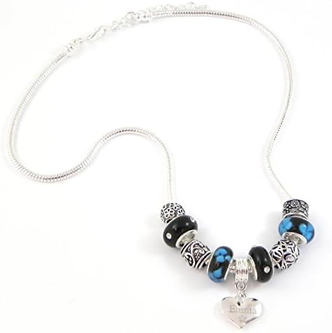 Personalised Engraved Name Blue & Black Charm Necklace Women's Pandora Style Gift Boxed - PLEASE SPECIFY DETAILS IN GIFT MESSAGE SECTION