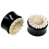 Bone Plug with Flower Design - Sold as a Pair - 7/16 Inch