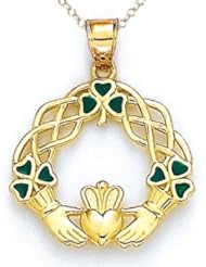 14kt Yellow Gold Enamel Celtic Claddaugh Pendant - Chain Included