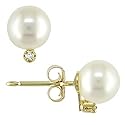 10k Yellow Gold 7-8mm Cultured Freshwater White Pearl and Diamond 
Earrings