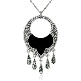 Sterling Silver Marcasite and Onyx Chandelier Pendant, 18 by Amazon.com Collection