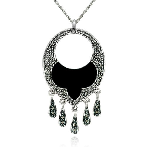 Sterling Silver Marcasite and Onyx Chandelier Pendant, 18