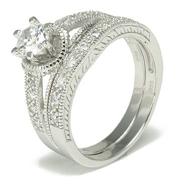 Vintage Sterling Silver Cubic Zirconia CZ Wedding Ring Set