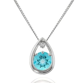 14k White Gold Swiss Blue Topaz and Diamond Teardrop Pendant, 17 by