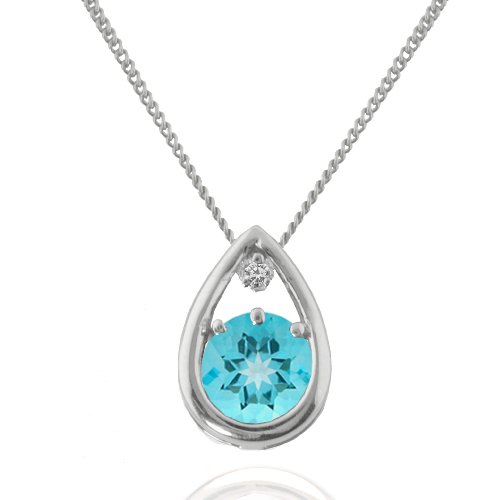 14k White Gold Swiss Blue Topaz and Diamond Teardrop Pendant, 17″