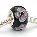 Murano Style Glass Lampwork Bead Fits Pandora Black With Purple Flowers 14mm (1)