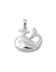 Sterling Silver Fancy Whale Clear CZ Pendant Polished Charm Pure 925 New 14mm with 1.3mm Curb Chain