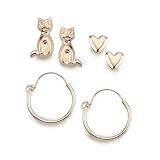 14k Yellow Gold 3 Pair Earring Set Cat Stud, Heart Stud, and U-Wire Hoop